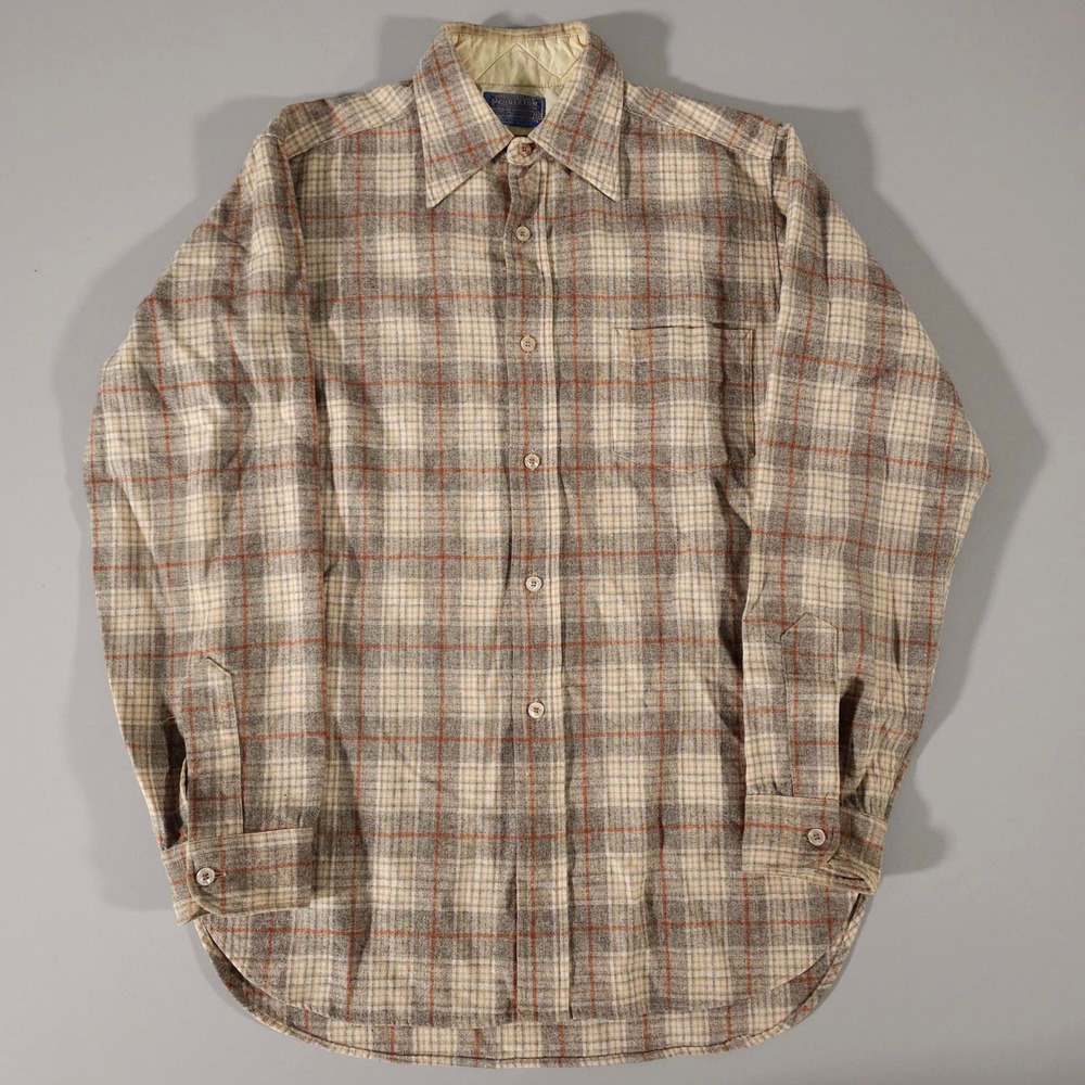 Pendleton Plaid Button Down Mens M Tan Grey Wool Flannel Vintage USA Made